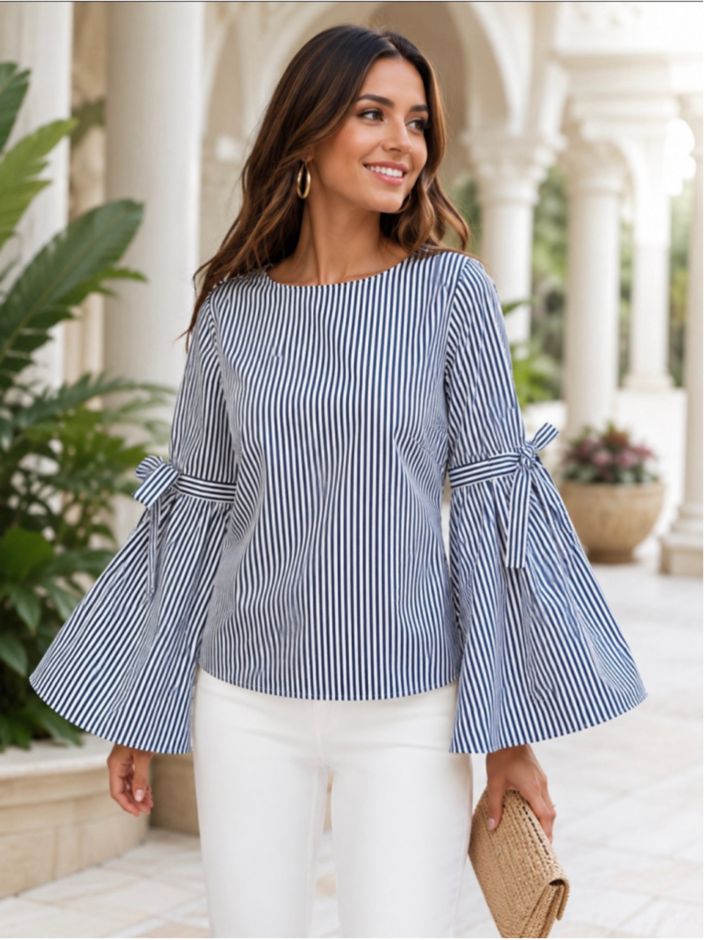 Catherine Malandrino Women’s Small Striped Bell Sleeve Blouse Black White Bows